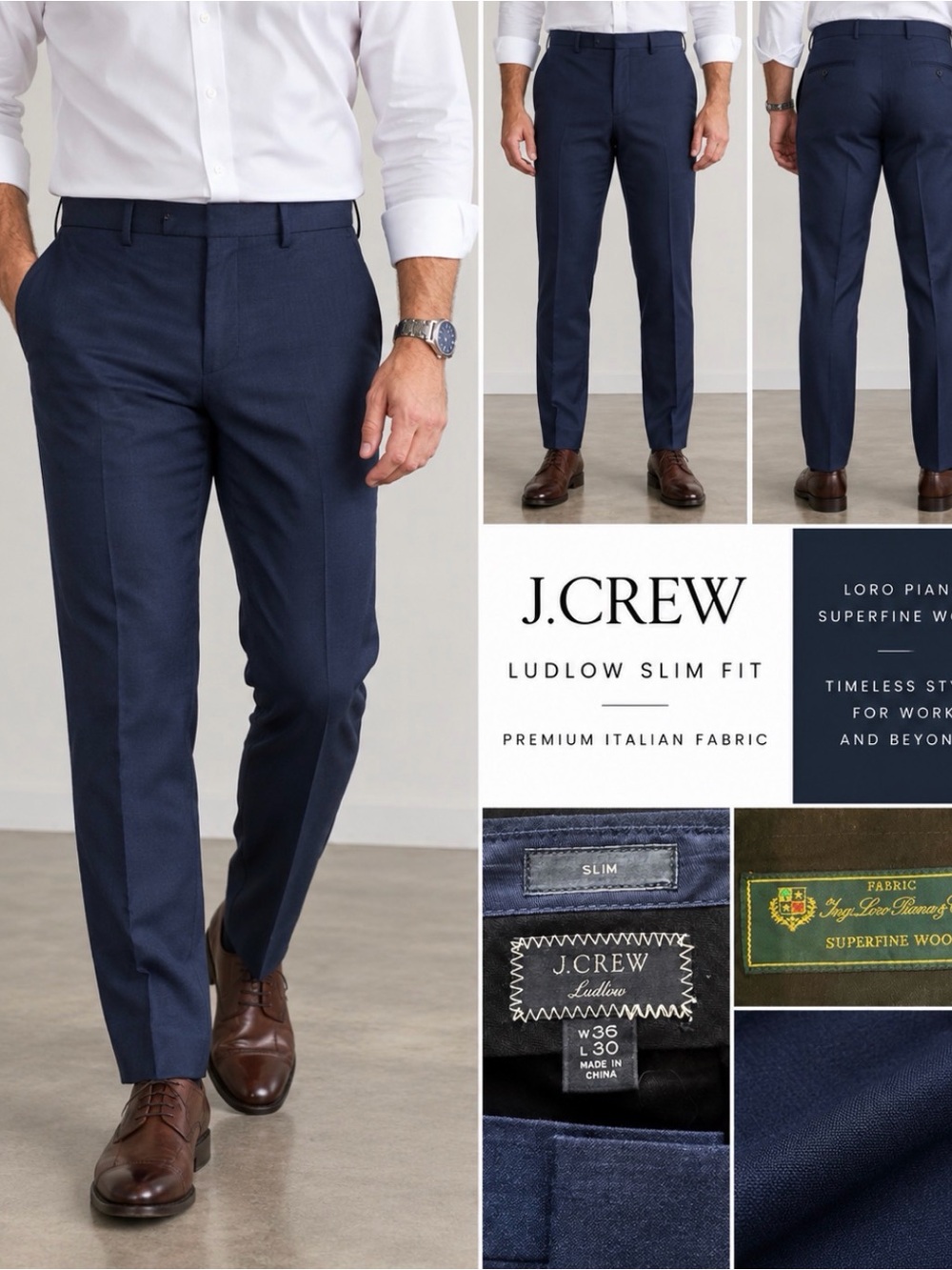 J.Crew Ludlow Slim Loro Piana Superfine Wool Navy Dress Pants 36x30